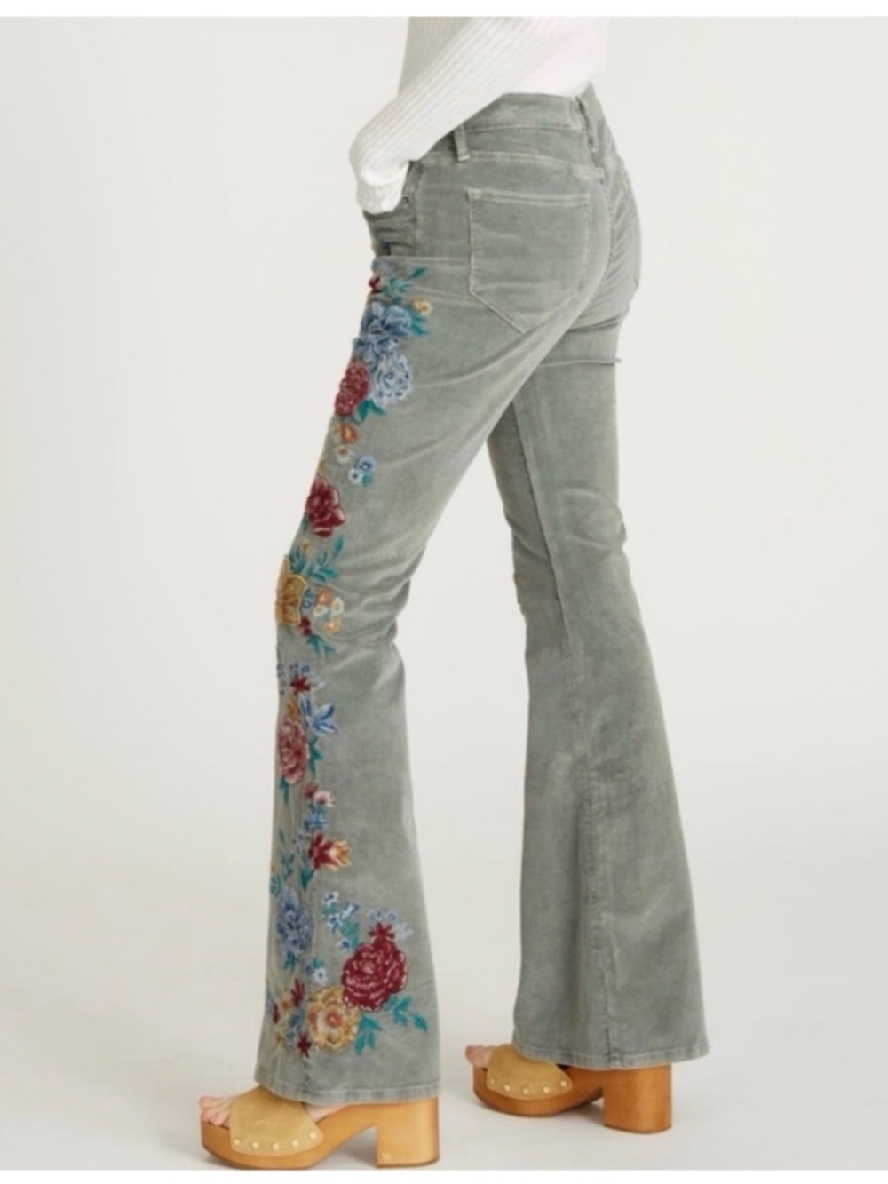 DRIFTWOOD x Free People Farrah Embroidered Corduroy Flare Pants Green Wide Leg - Picture 15 of 16